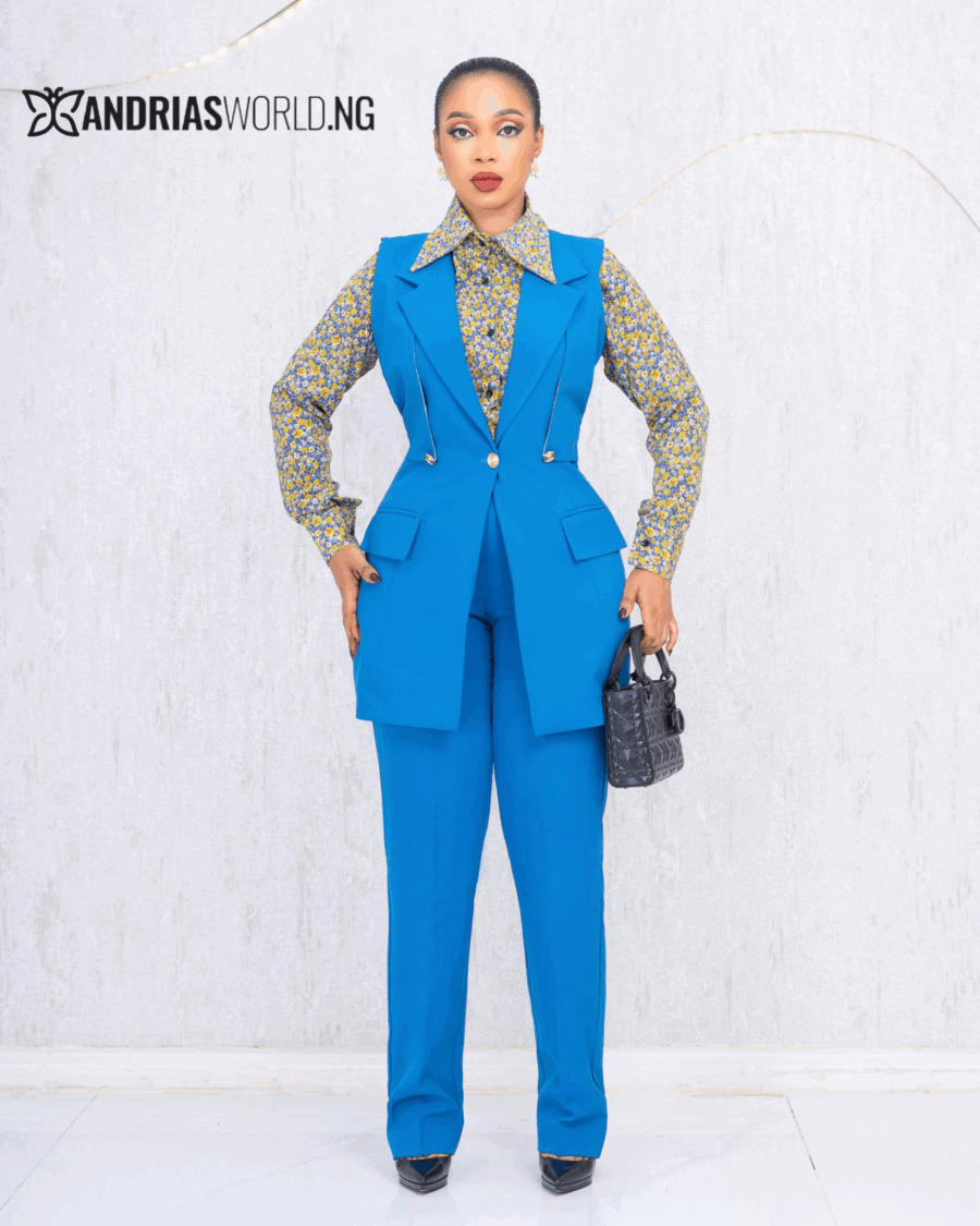 BLUE THREE PIECE TROUSER SET WITH FLORAL SHIRT